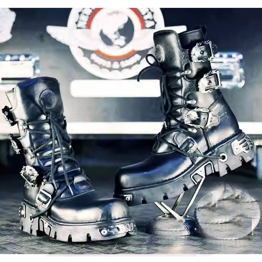 Sewing Zipper - Yeni Erkek Punk Motosiklet Botları Metal